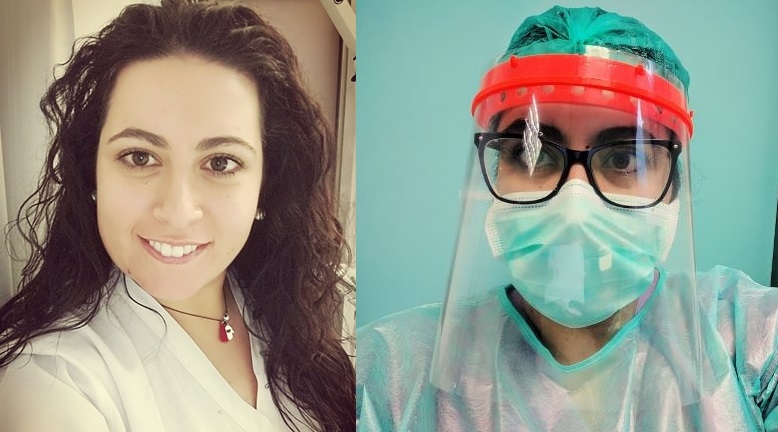ngela fardada num dia de trabalho e, agora, com o EPI